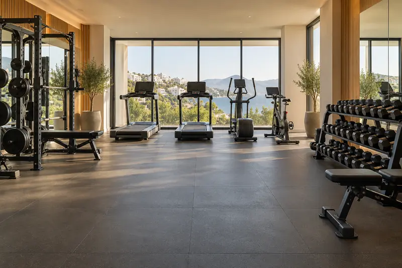 Sala de un gimnasio con cintas de correr, bicicleta y mancuernas frente a ventanales