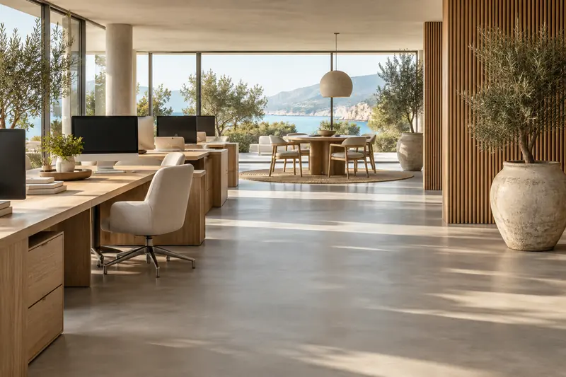 Oficina de planta abierta con mesas de madera y ventanales con vistas al mar