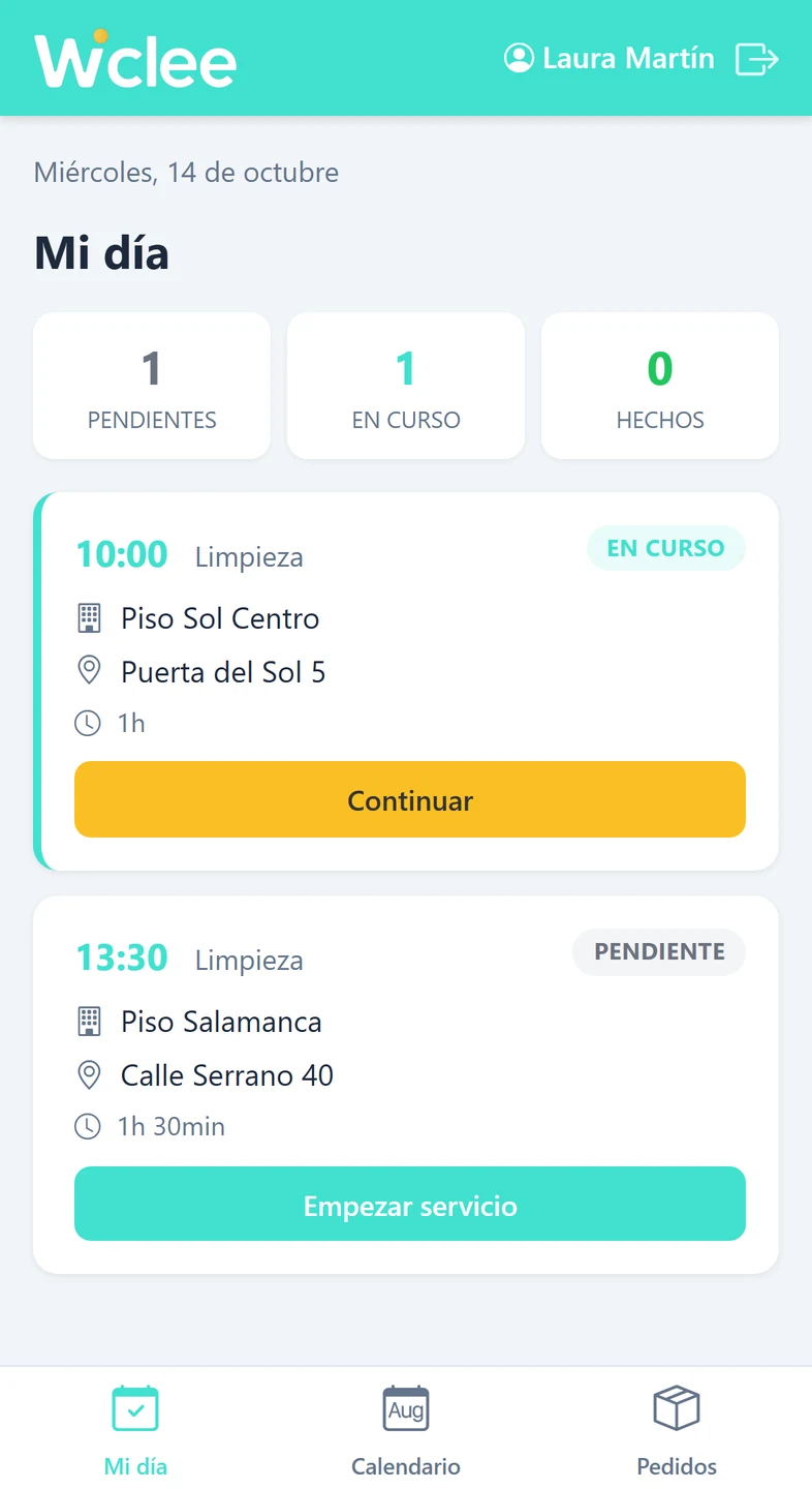 Pantalla «Mi día» de la app del equipo de limpieza, con los servicios del día en curso y pendientes