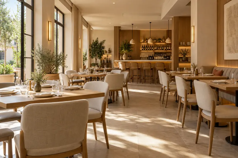 Comedor de un restaurante con mesas preparadas y barra al fondo